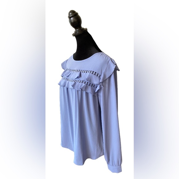 Loft: Blue Blouse with Ruffle Trim and  Embroidered Cutout - Picture 15 of 17